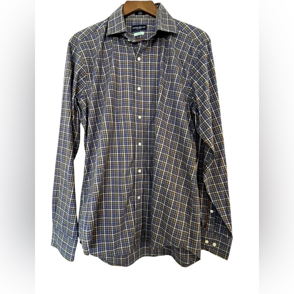 Peter Millar Dress Shirt Men’s L Flex Finish Purple Check Plaid Cotton Button Up